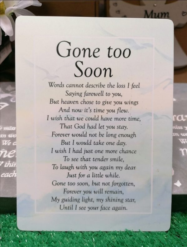 Gone Too Soon Graveside Memorial Poem Card